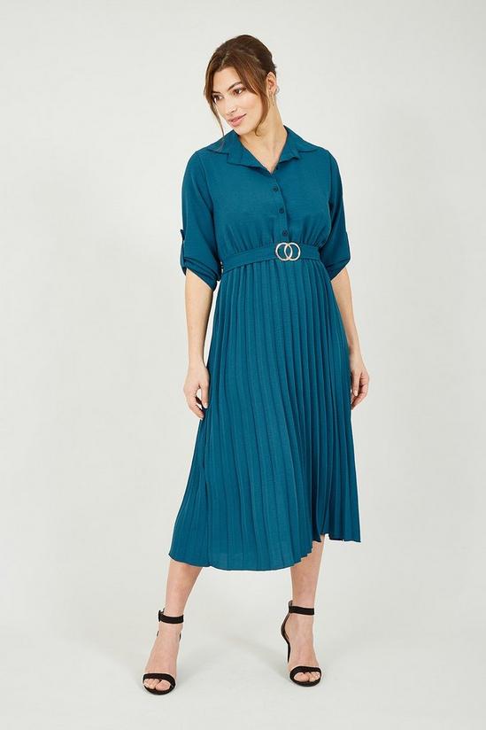 Mela Teal Pleated Skirt Midi Shirt Dress 1