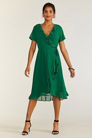 Product Green Frill Wrap Dress With Tassel Detail Green