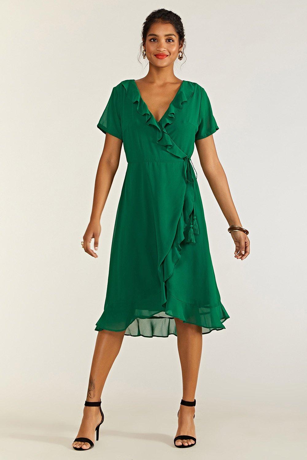 Green Frill Wrap Dress With Tassel Detail