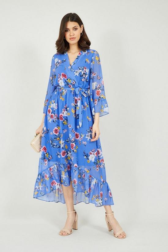 Yumi Floral Butterfly Wrap High Low Dress in Blue 1