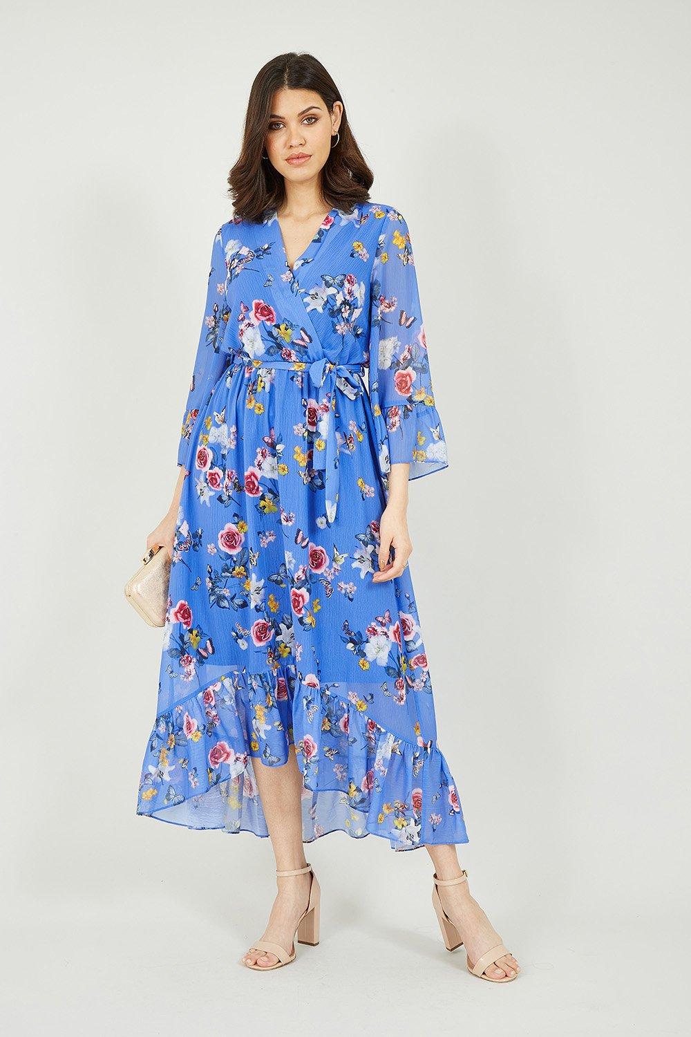 Floral Butterfly Wrap High Low Dress in Blue