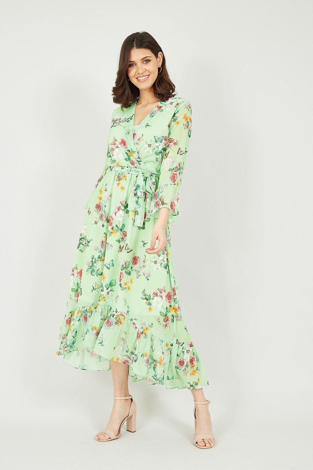 Floral Butterfly Wrap High Low Dress in Sage