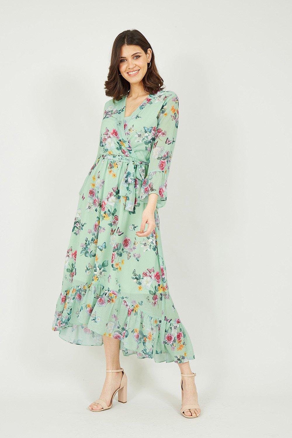 Mint Green Floral Butterfly Wrap High Low Dress