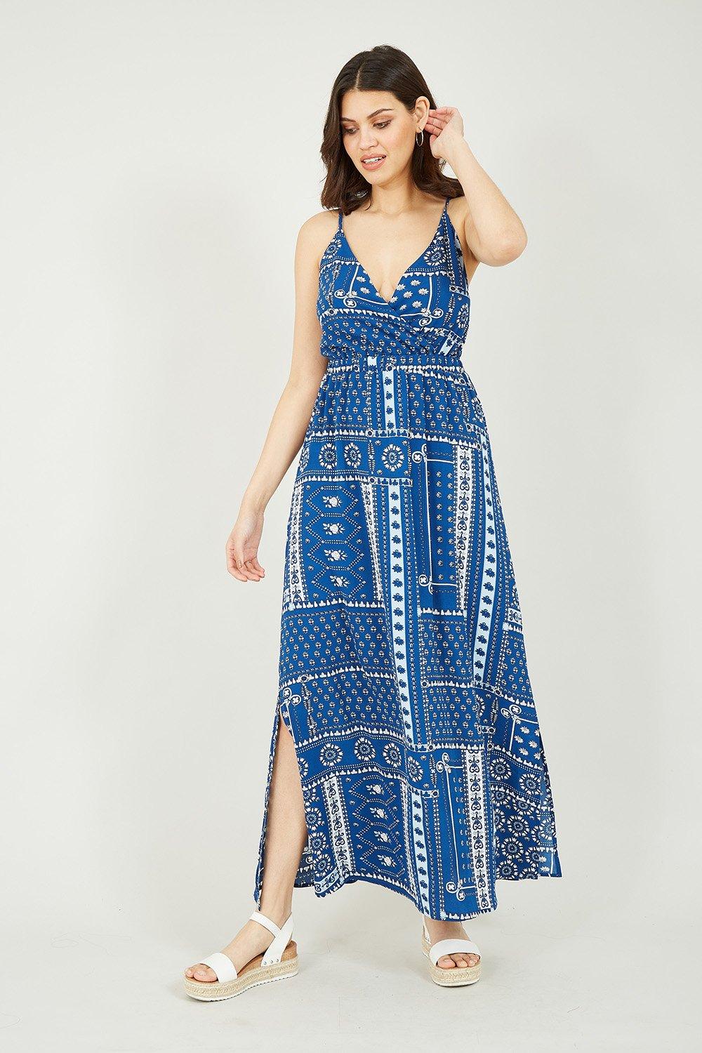 Navy Scarf Printed Maxi Dress With Tie Back