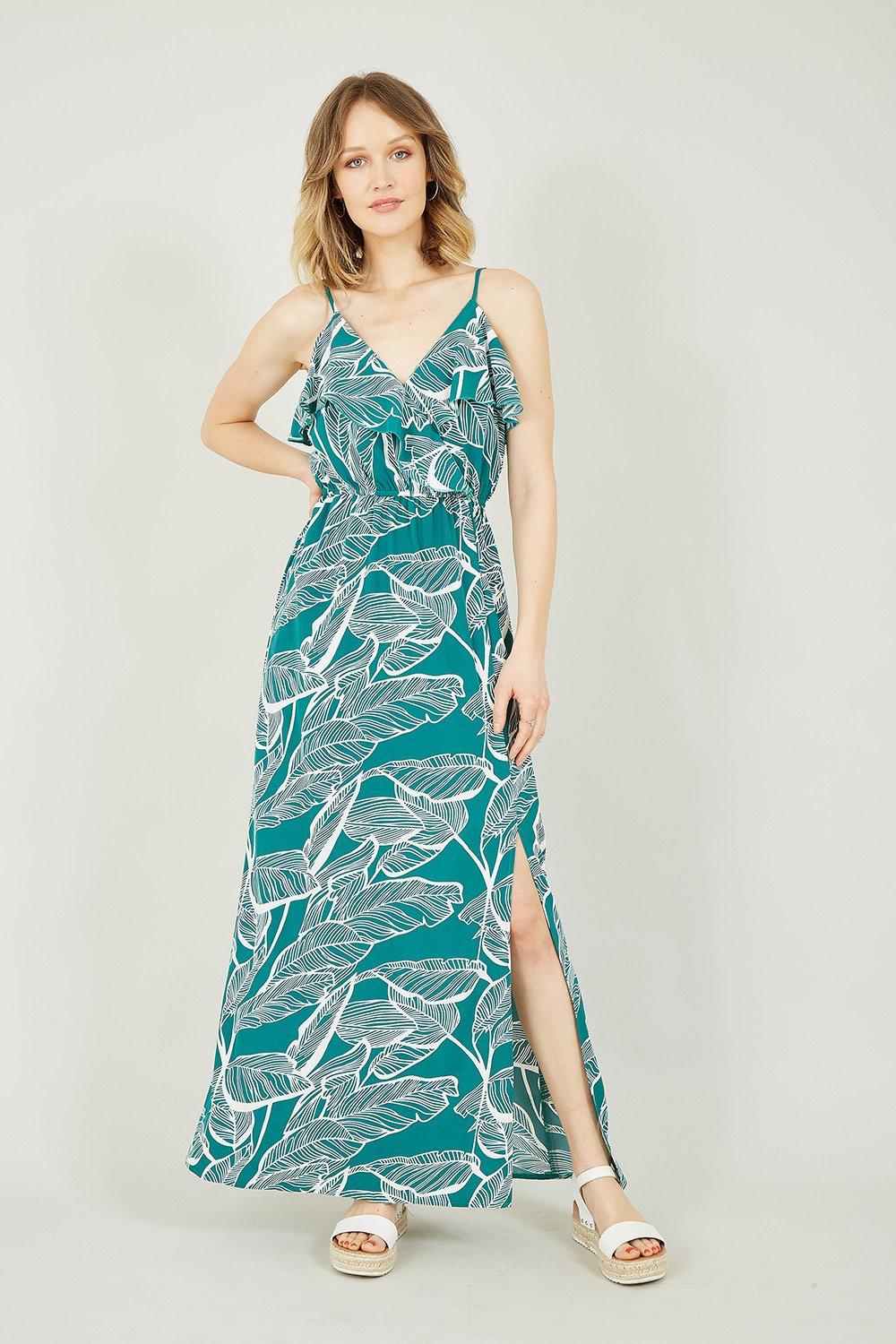 Green Tropical Print Maxi Frill Dress