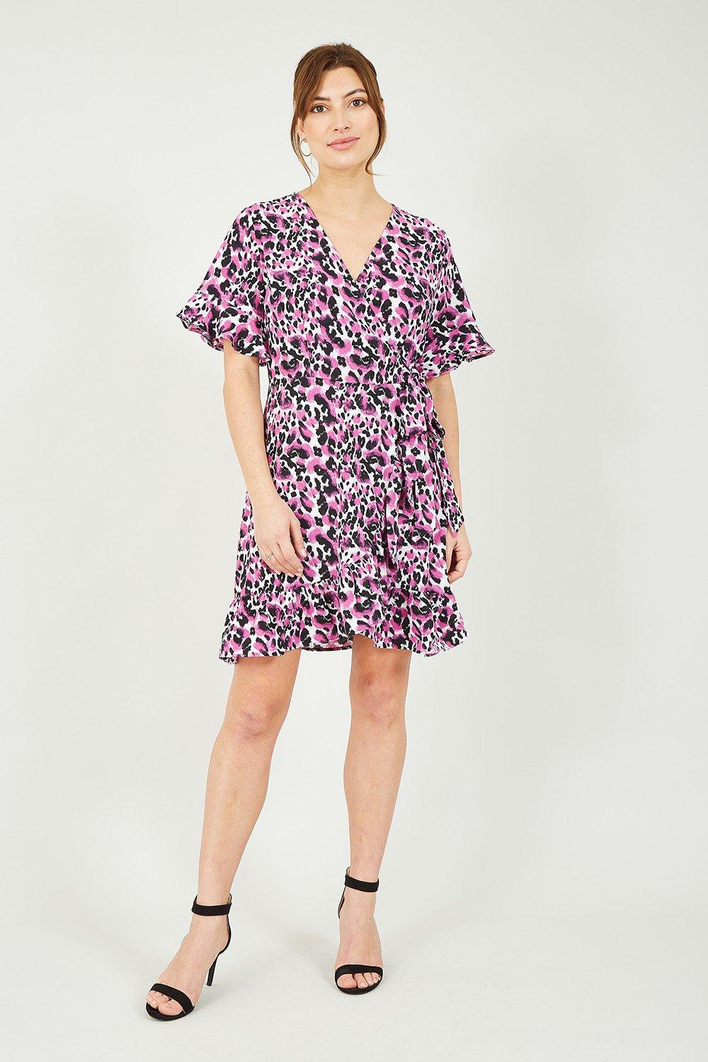 Pink Leopard Print Wrap Skater Dress
