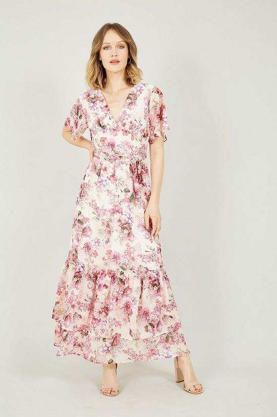 Yumi Pink Floral Print Wrap Over Midi Frill Dress 1
