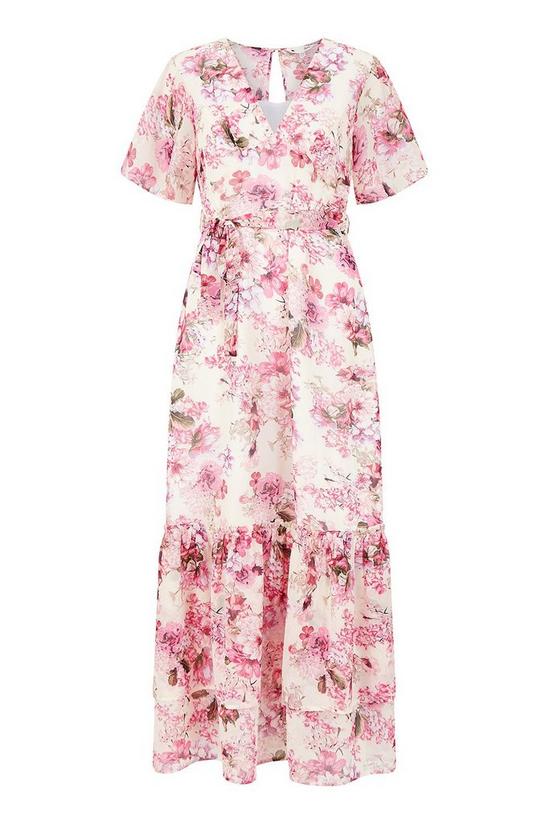 Yumi Pink Floral Print Wrap Over Midi Frill Dress 5