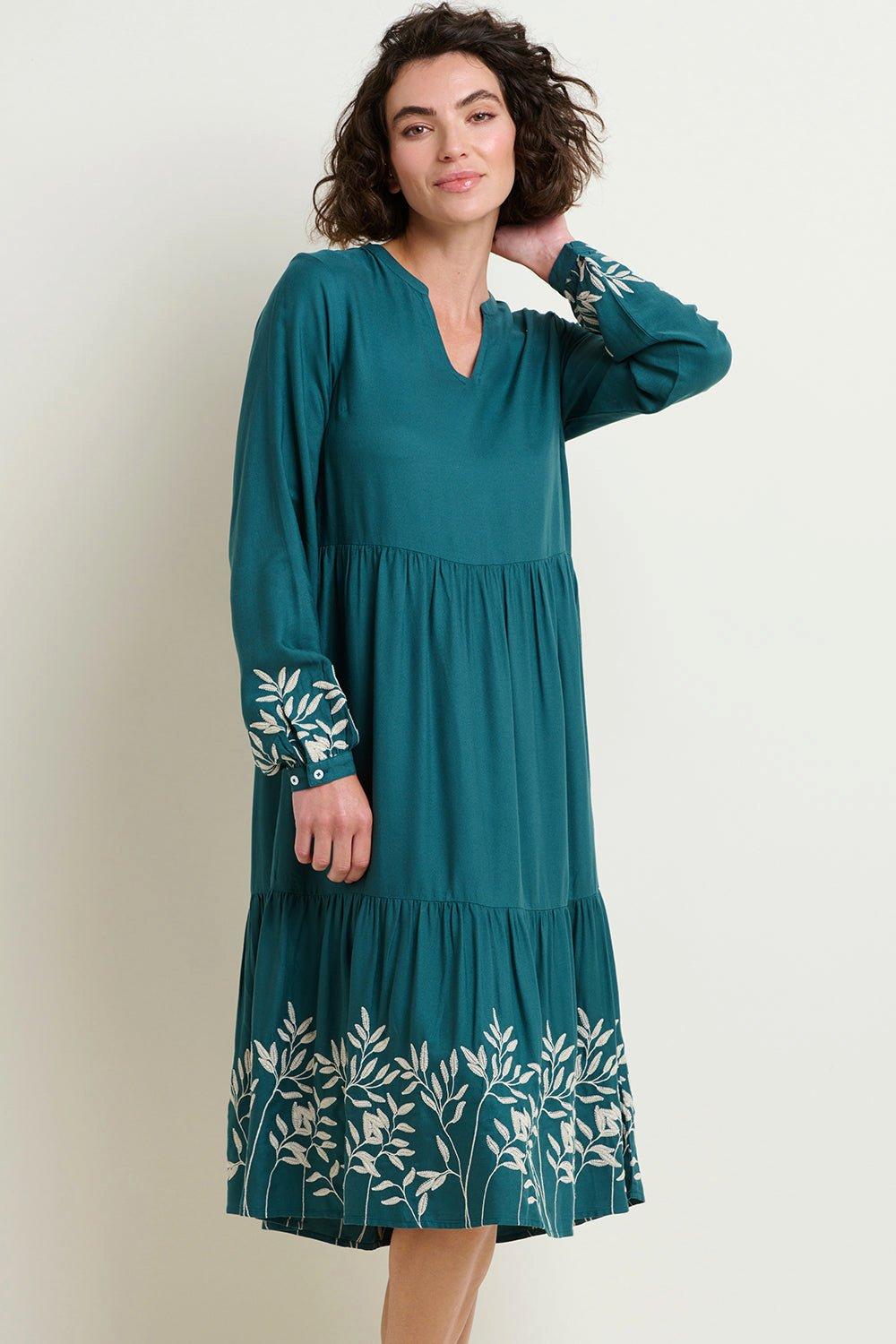 Anwen Embroidered Sleeve & Hem Midi Dress