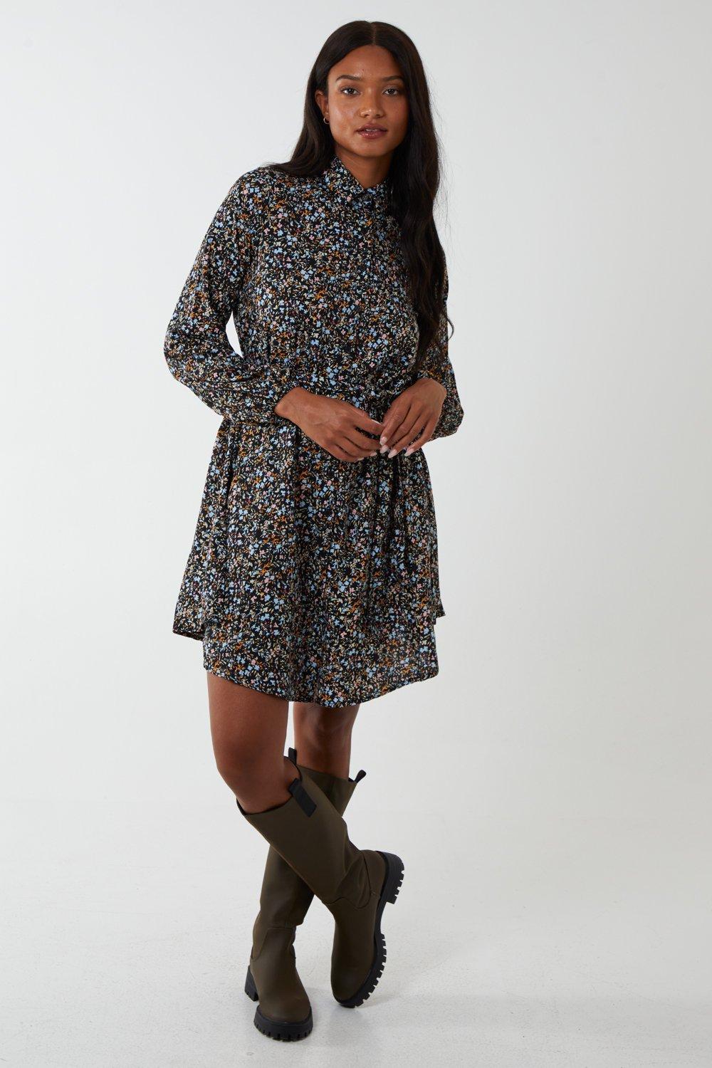 Multifloral Print Mini Shirt Dress