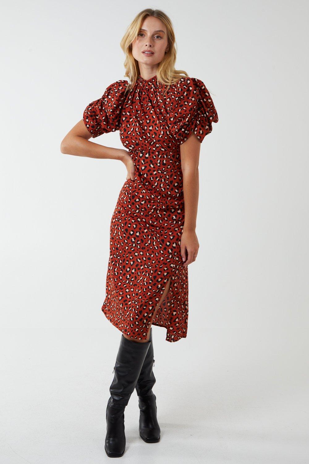 Leopard Print Ruched Side Midi Dress