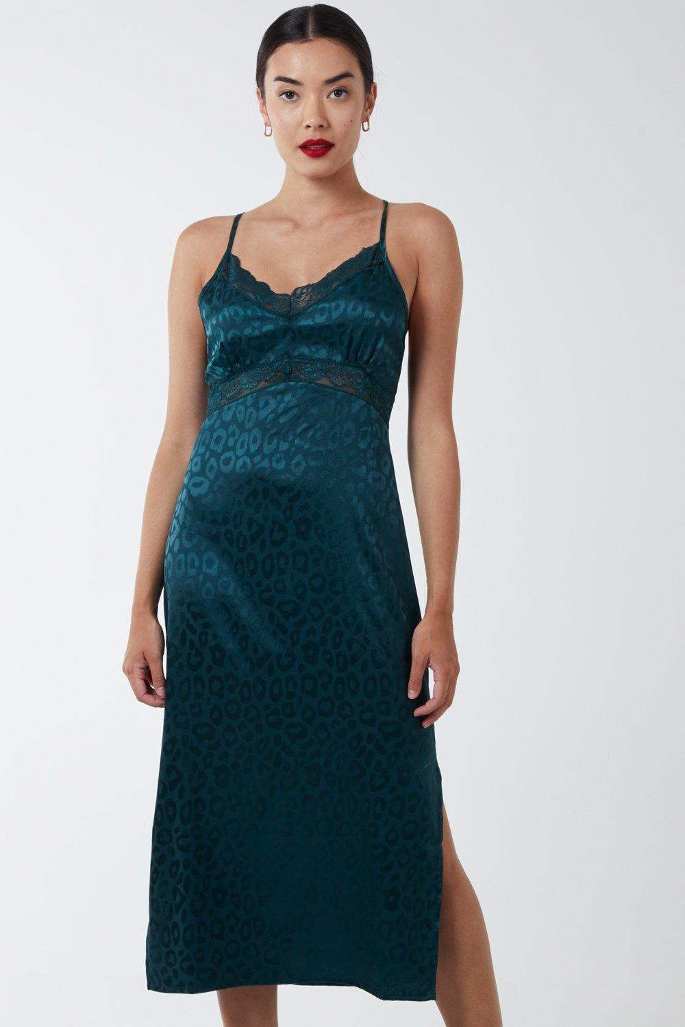 Jacquared Satin Slip Dress With Lace Det