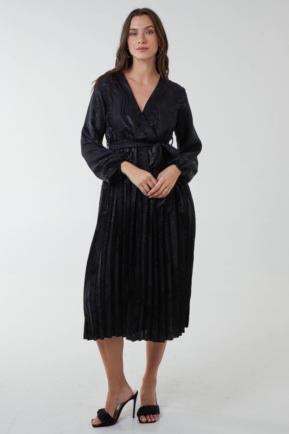 Jacquard Wrap Front Belted Pleated Midi Dress