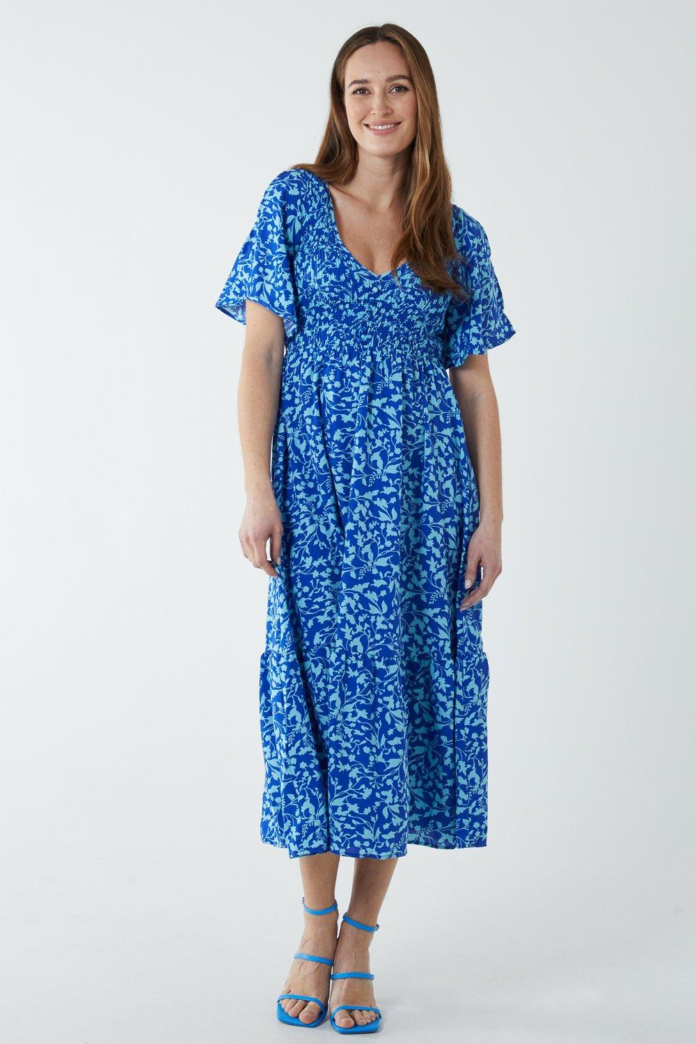 shirred bust midi dress with angel sleeves