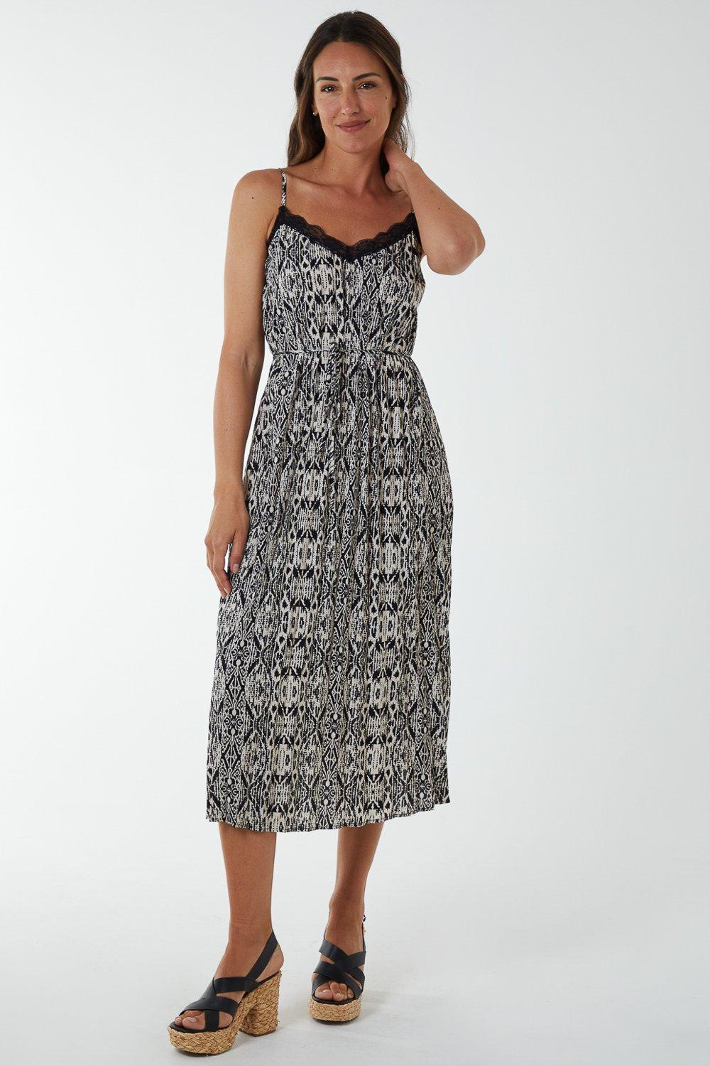 Pleated Midi Slip Dress With Lace Trim