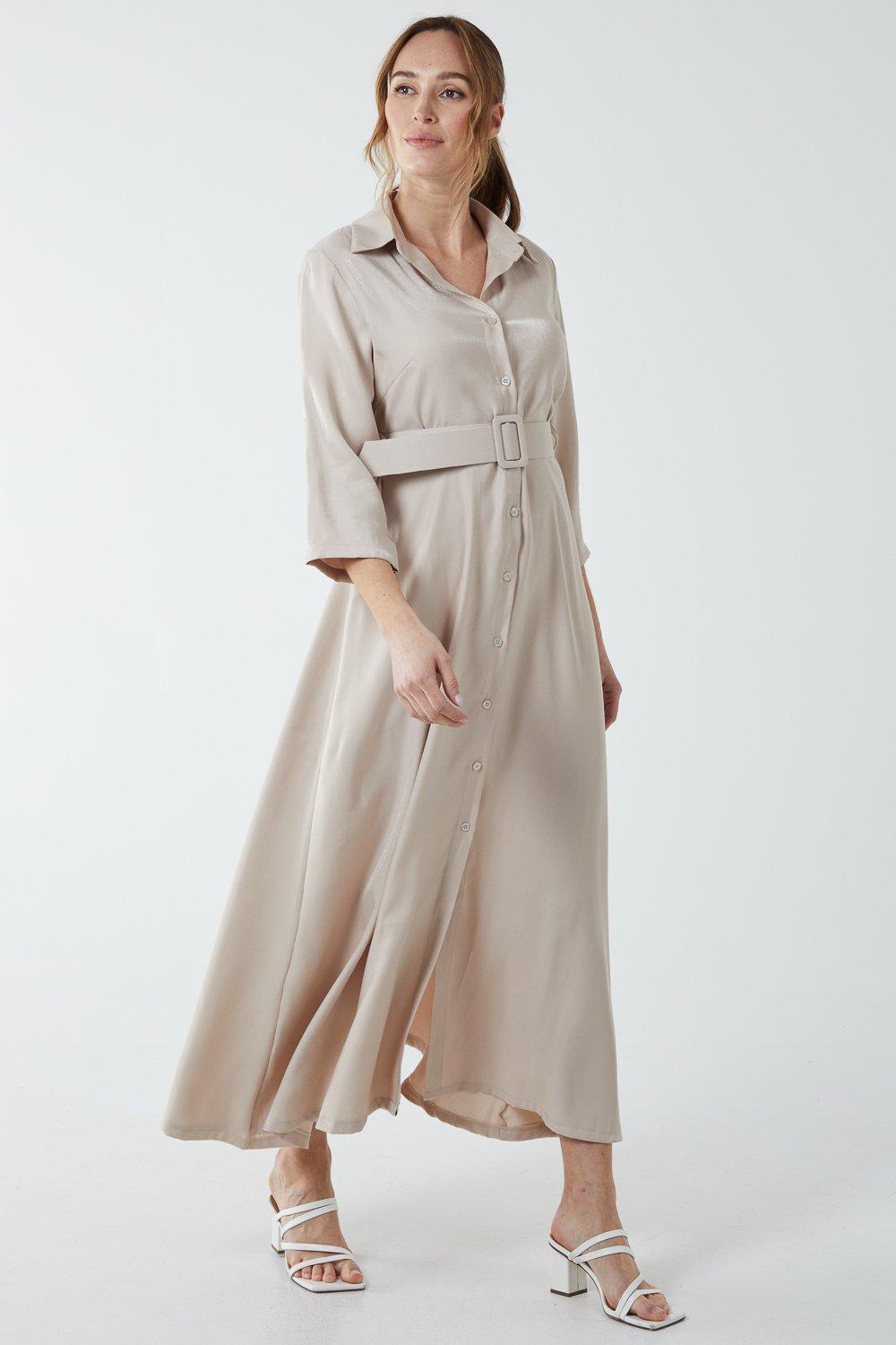 Dresses | Shimmer Twill Maxi Button Through Shirt Dress | Blue Vanilla