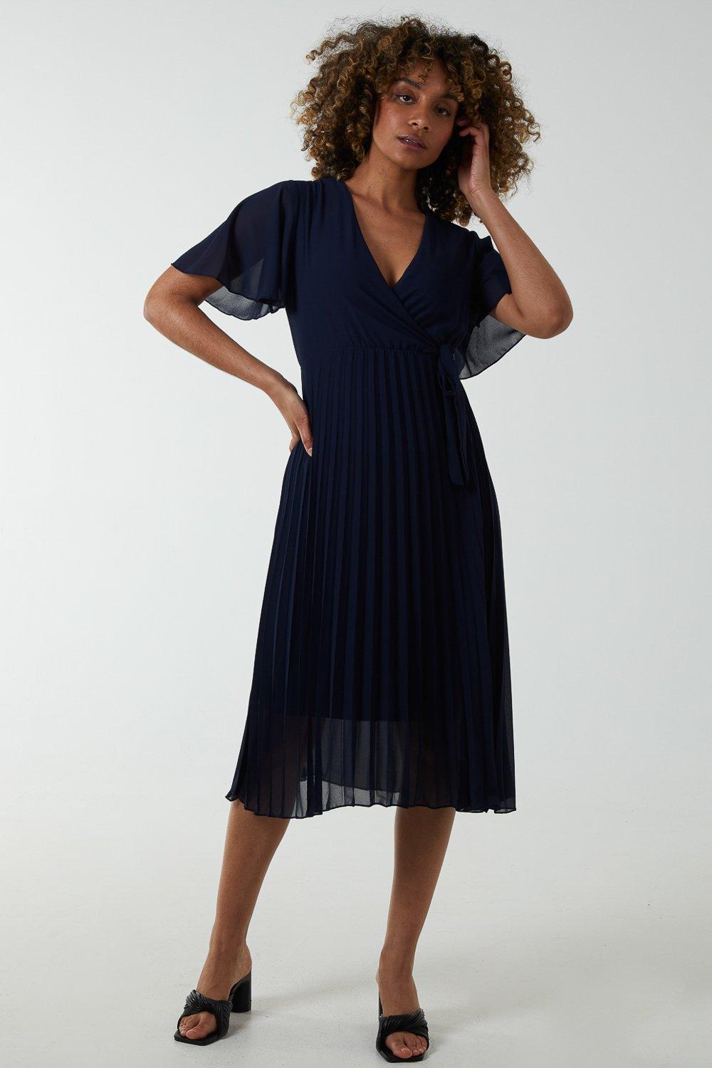 Wrap Tie Pleated Crossover Dress