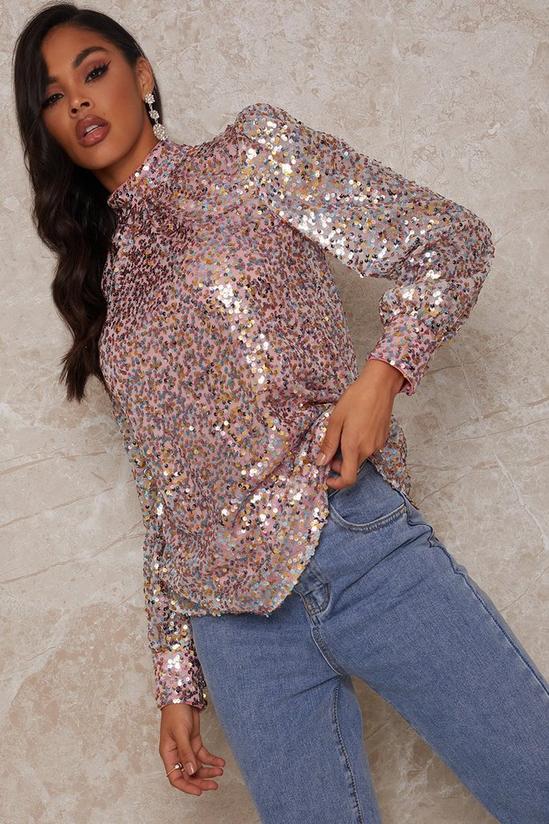 Chi Chi London Long Sleeve High Neck Sequin Top 1