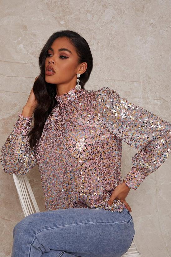 Chi Chi London Long Sleeve High Neck Sequin Top 2