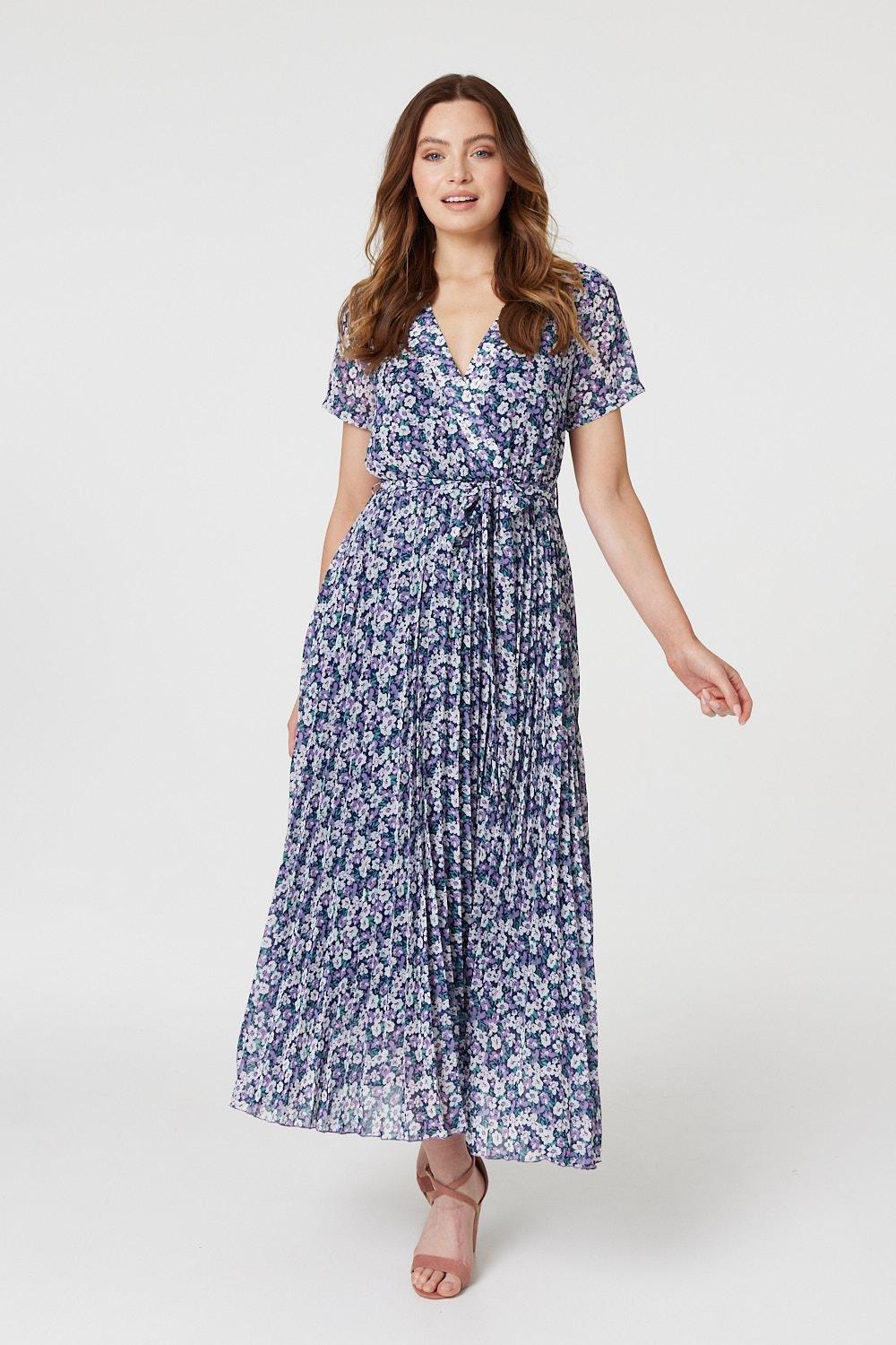 Floral Wrap Pleated Maxi Dress