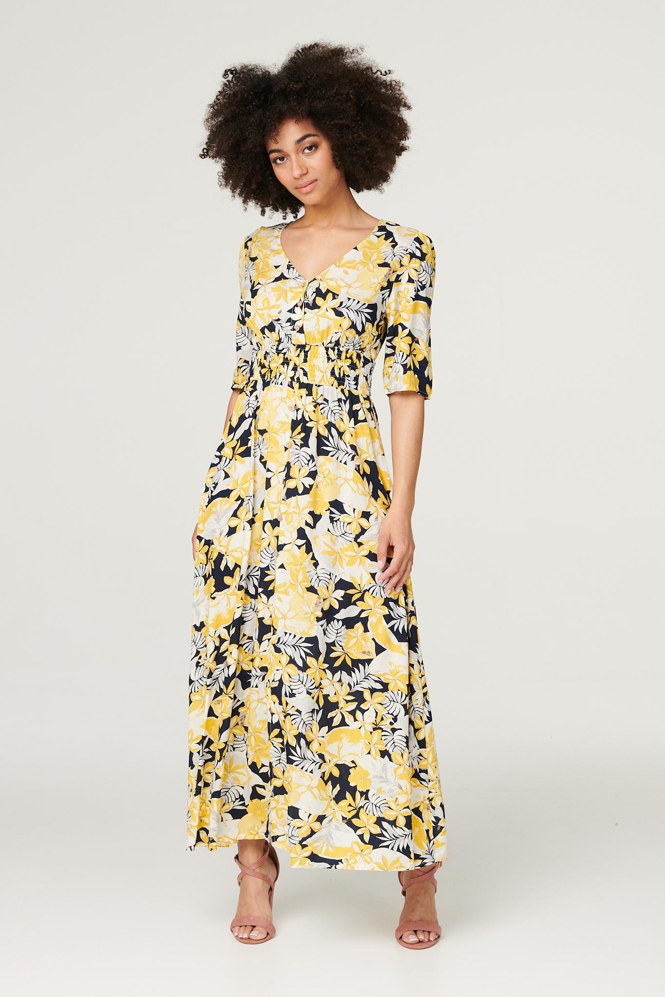 Tropical Print V-Neck Maxi Dress