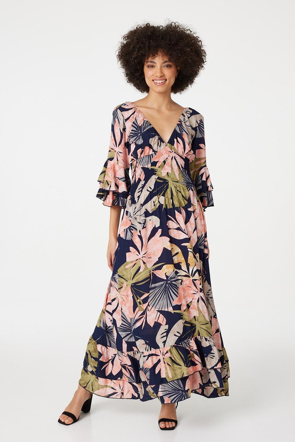 Leaf Print Ruffle Maxi Dress