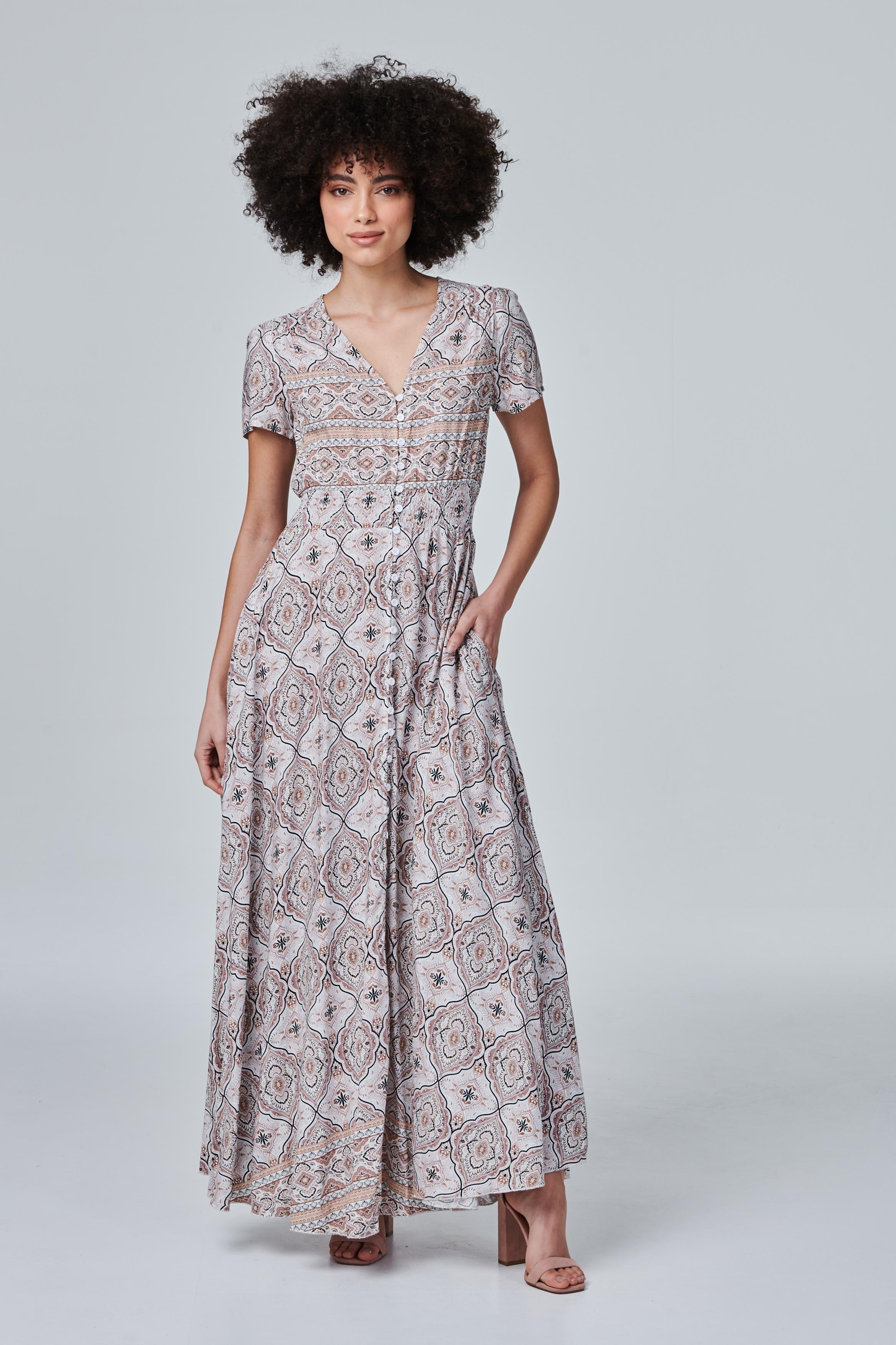 Printed Button Front Maxi Dress