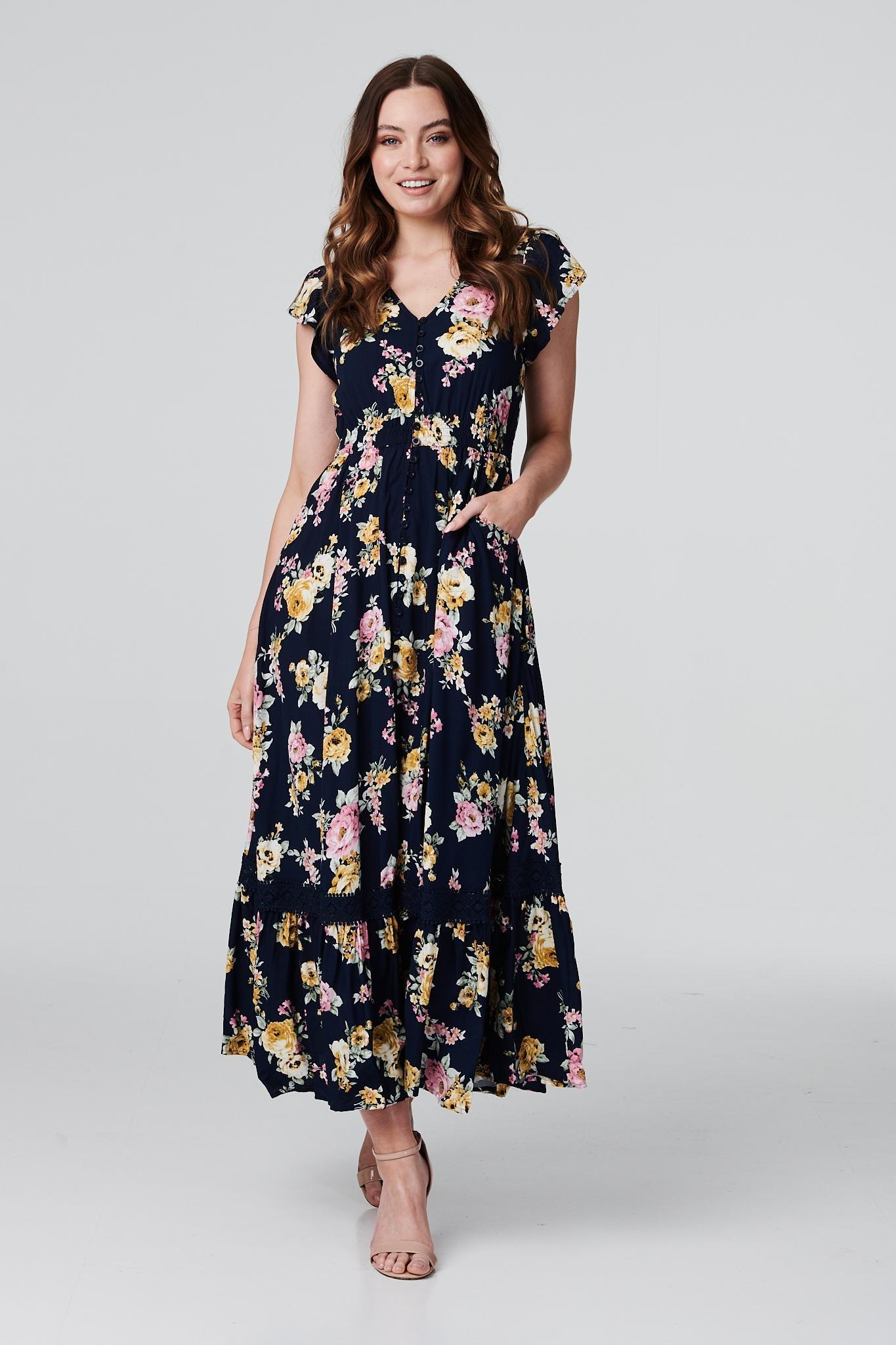 Vintage Rose Lace Trim Maxi Dress