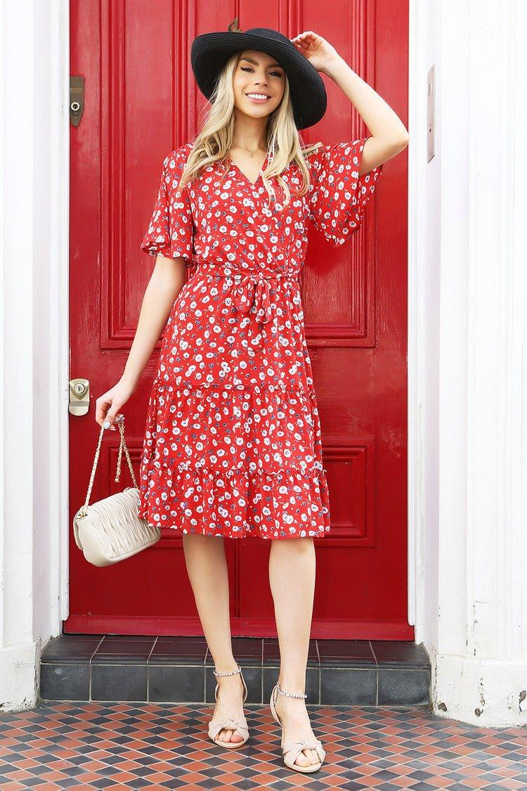 Ruffle Sleeve Floral Layer Midi Dress - Elegant & Stylish