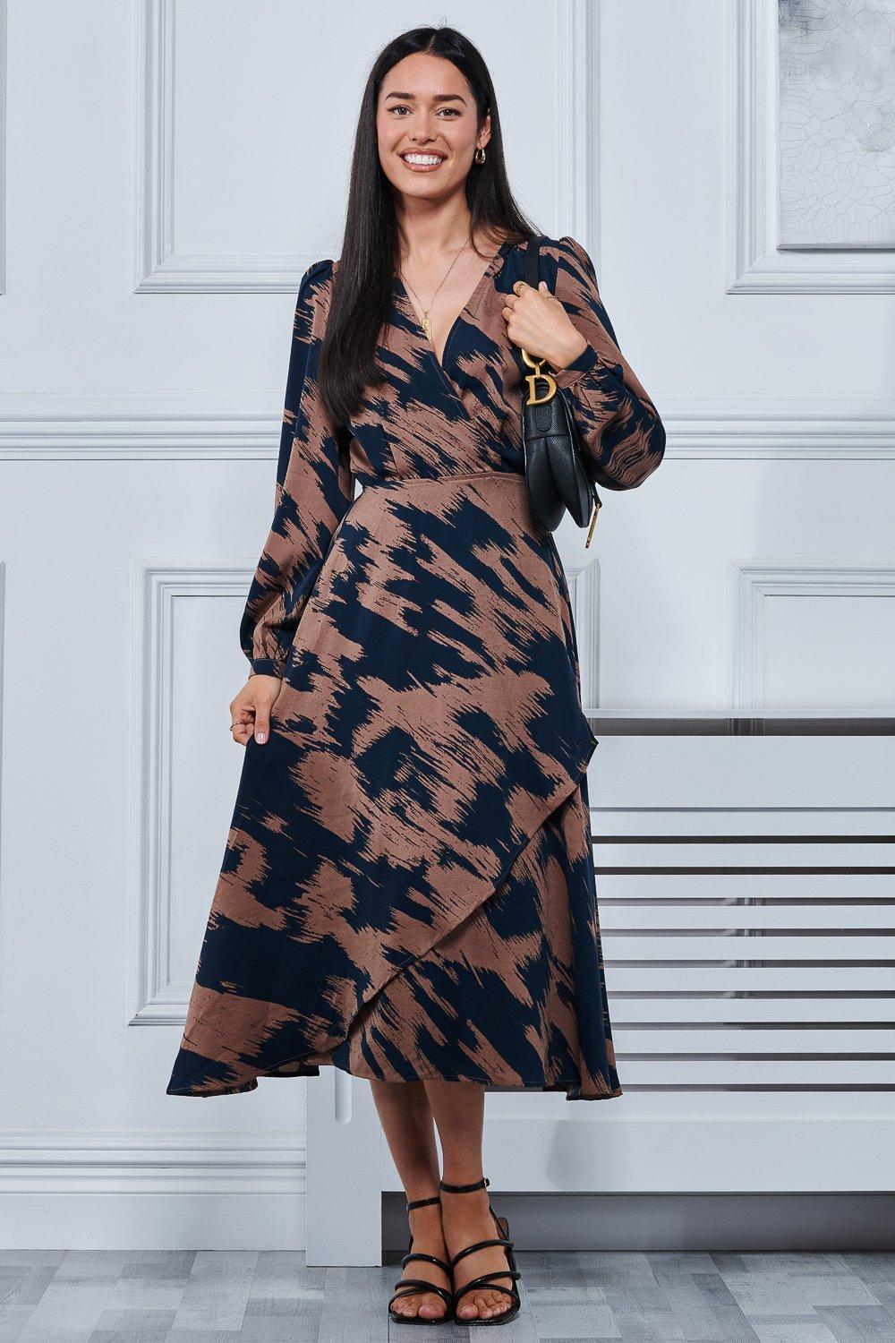 Abstract Print Sleeved Wrap Midi Dress
