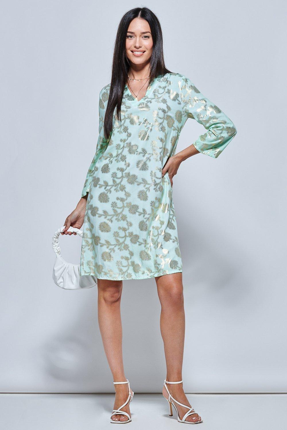 3/4 Sleeve Printed Midi Tunic Holiday Dress