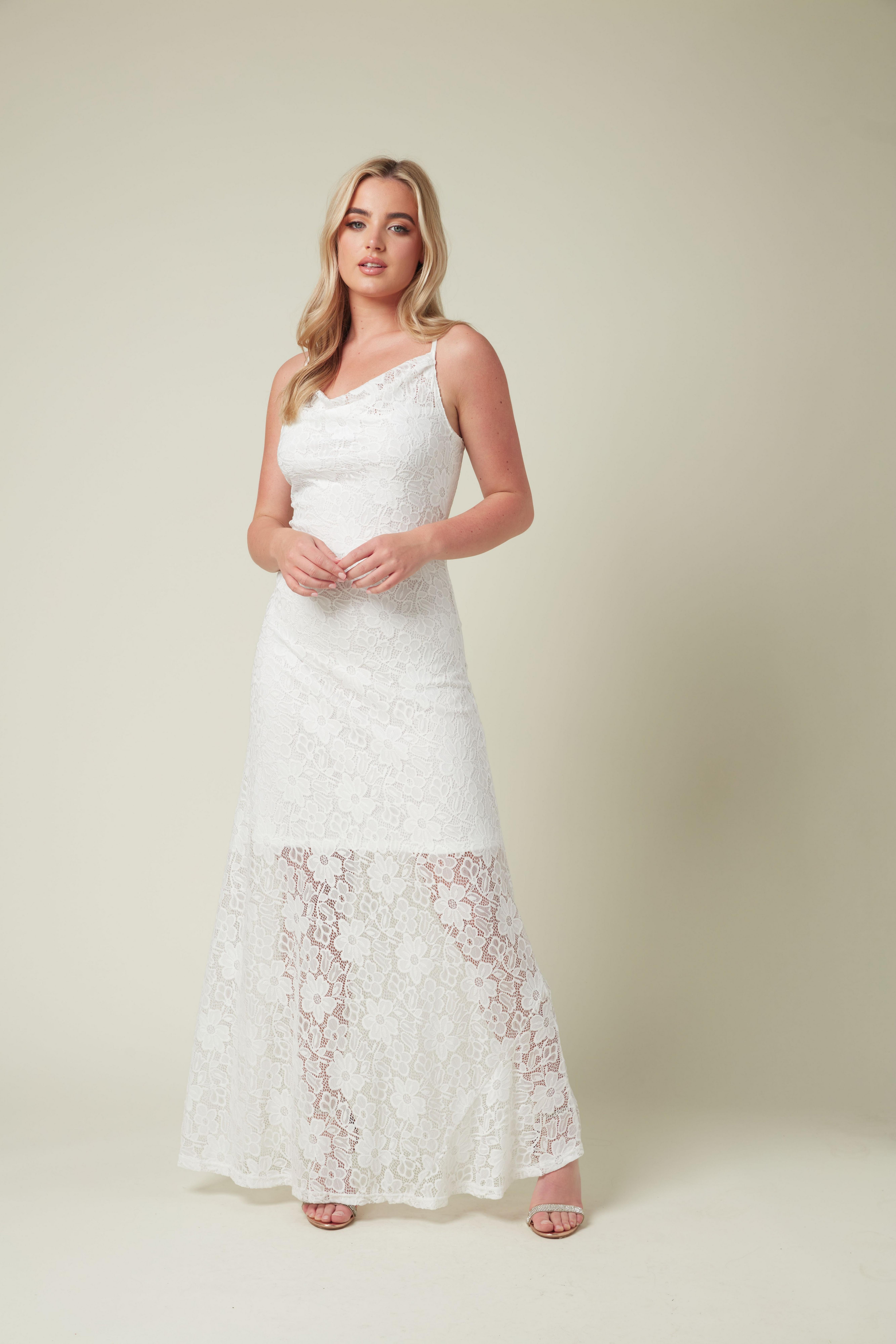 White Stretch Lace Bias Cut Maxi Dress