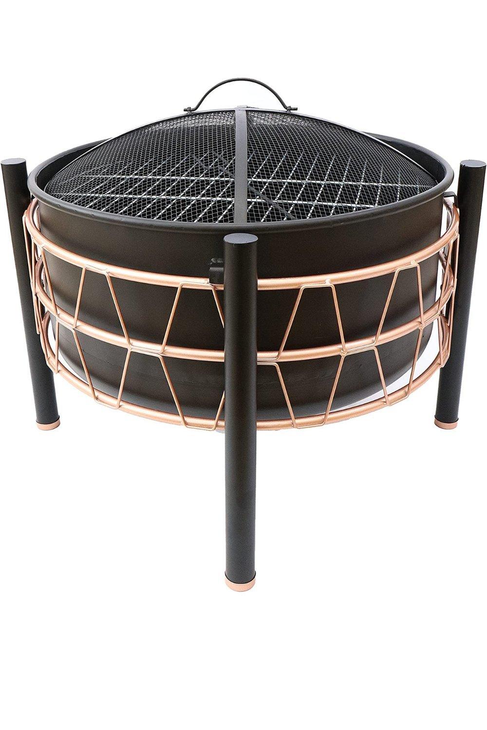 Garden Outdoor Black & Copper Large Bowl Fire Pit with Safety Mesh, Cooking BBQ Grill and Long Poker