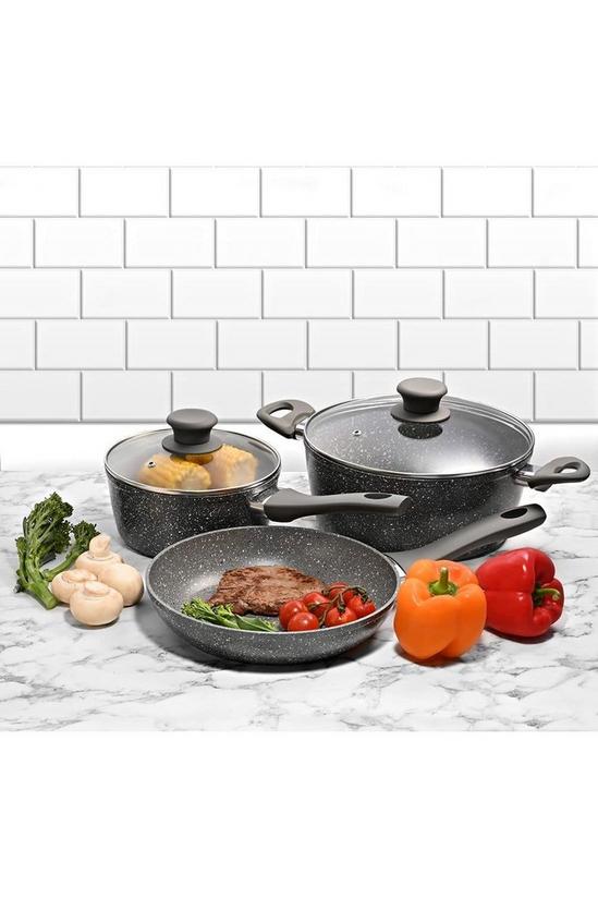 Schallen Anthracite Grey 5pce Kitchen Cookware Non Stick Frying Pan Saucepan Cooking Stock Pot Full Pan Set with Lids - Black Soft Handles 2