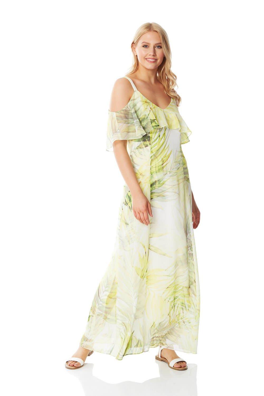 Leaf Print Cold Shoulder Maxi Dress