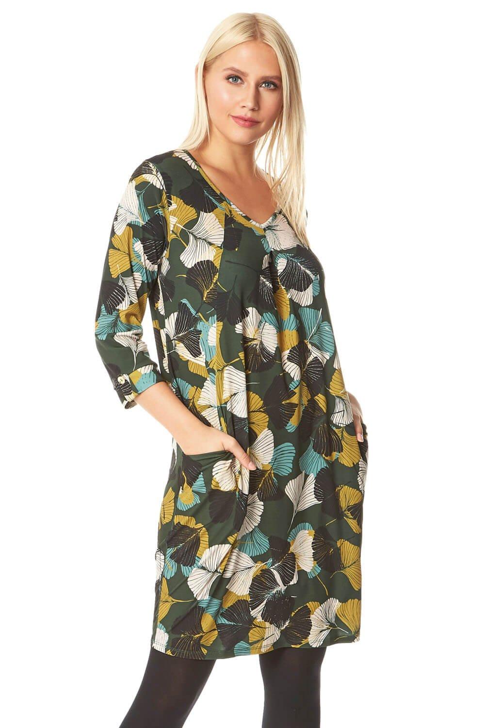 Leaf Print 3/4 Sleeve Slouch Dress