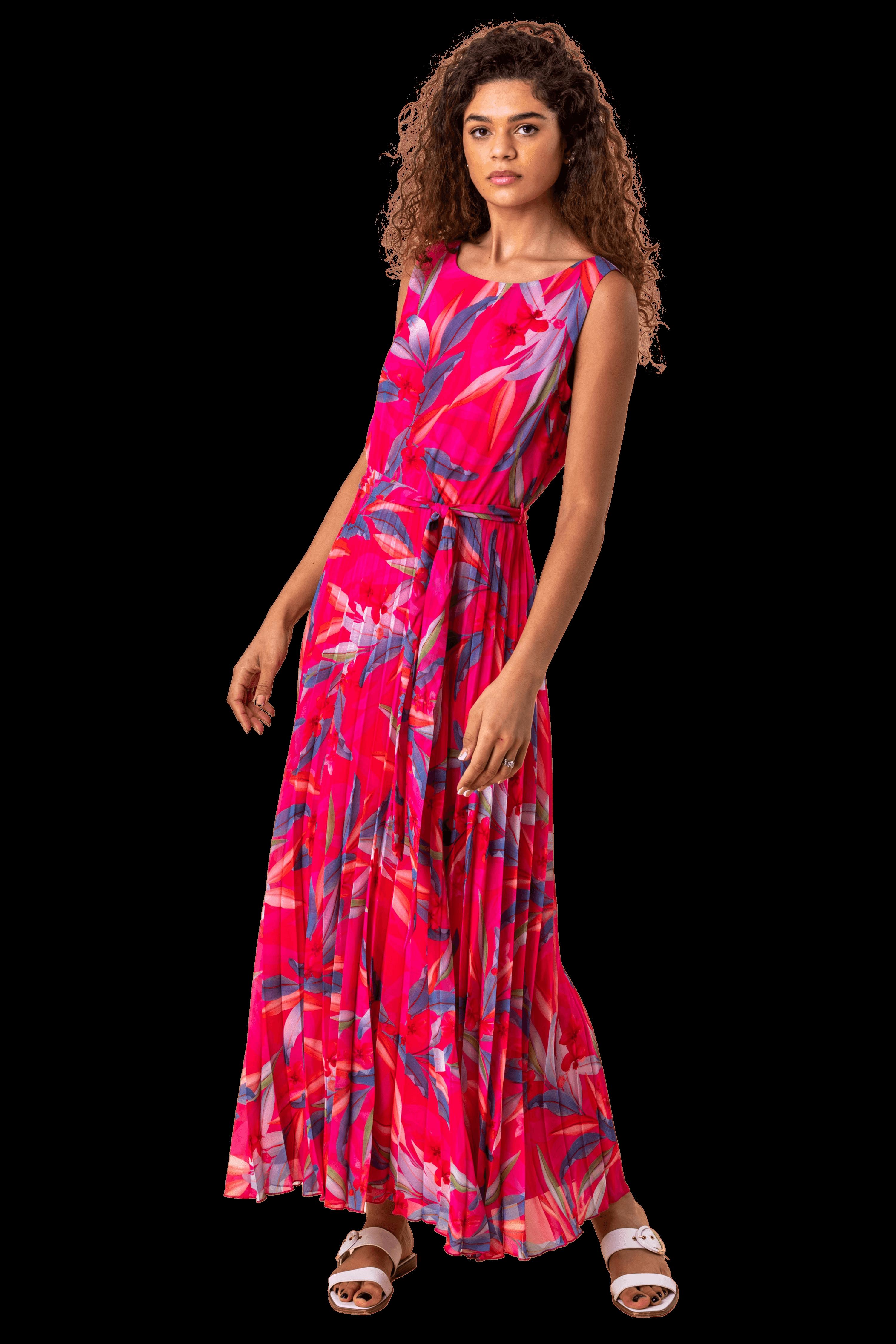 Tropical Print Pleated Maxi Dress