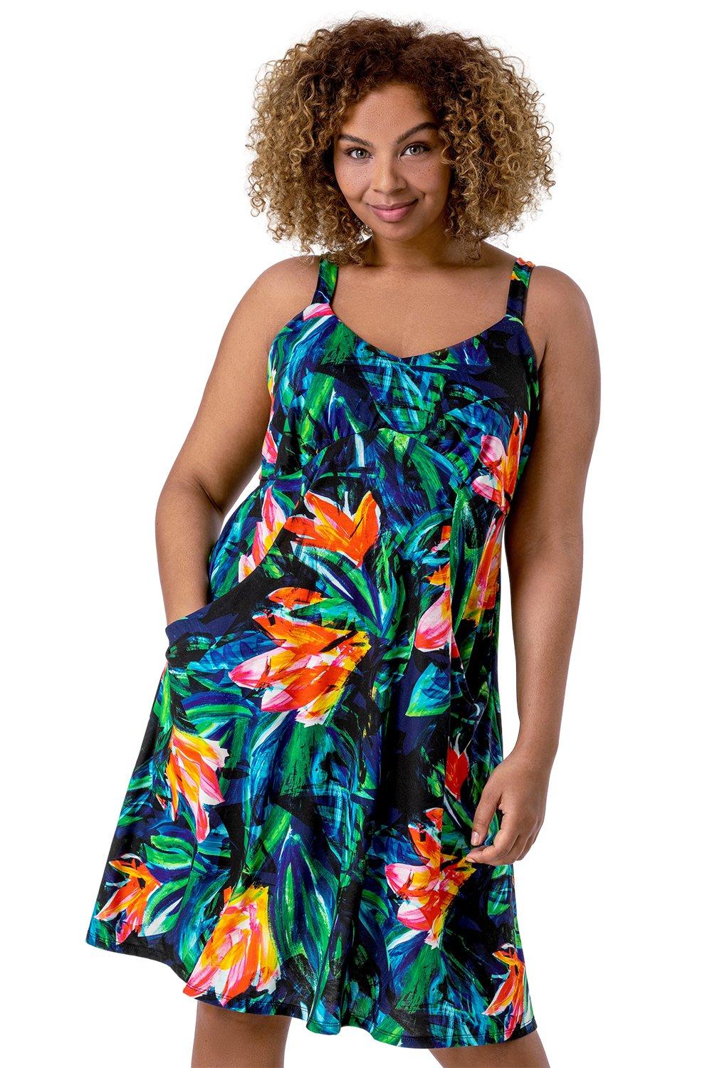 Curve Tropical Print Strappy Dress