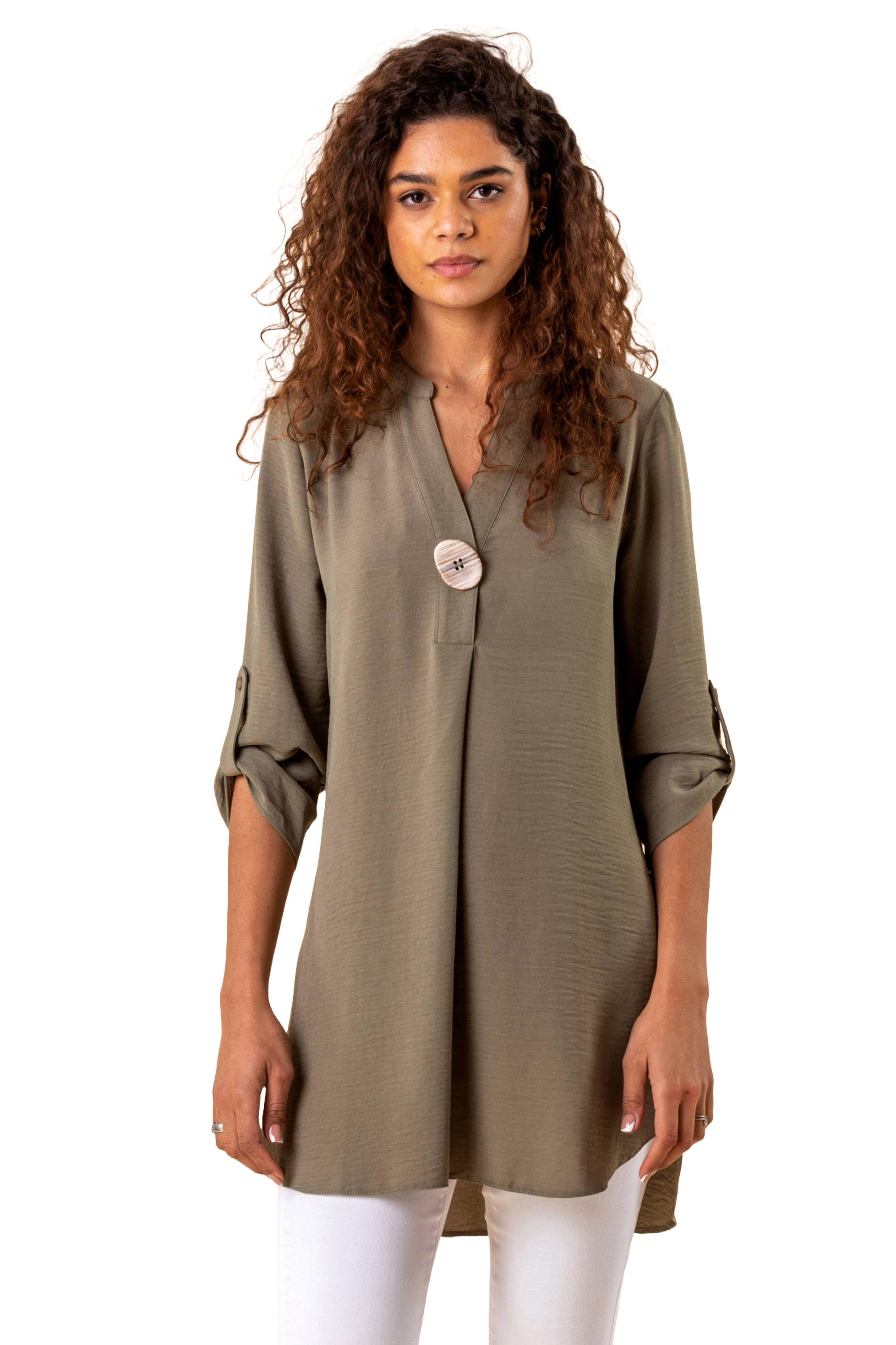 Roman Women's Longline Button Detail Tunic Top|Size: 10|olive