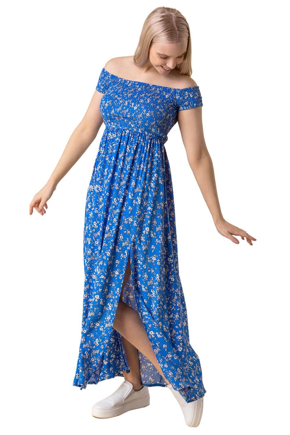 Floral Shirred Bardot Maxi Dress
