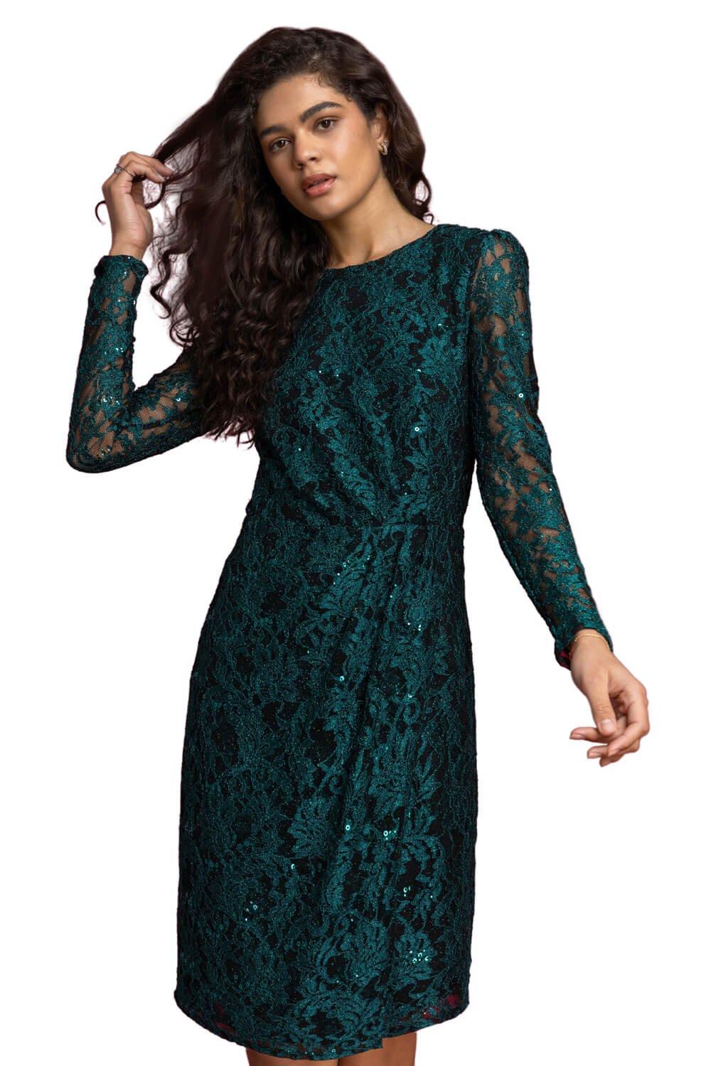 Sequin Ruched Lace Wrap Dress