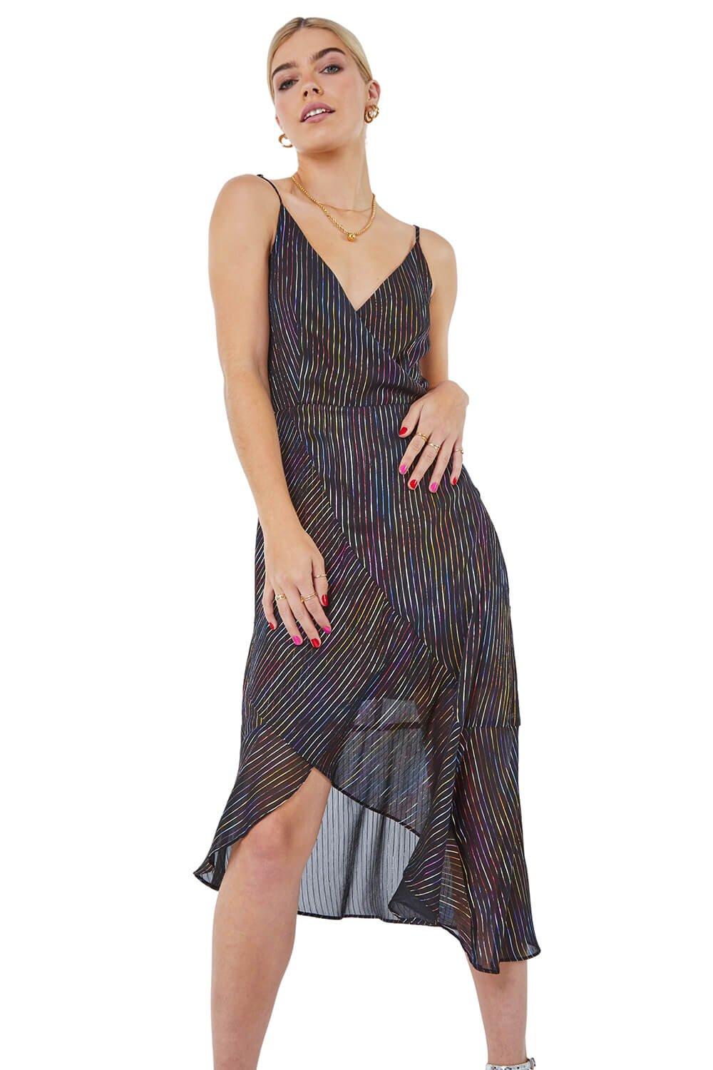 Metallic Stripe Frill Hem Midi Dress