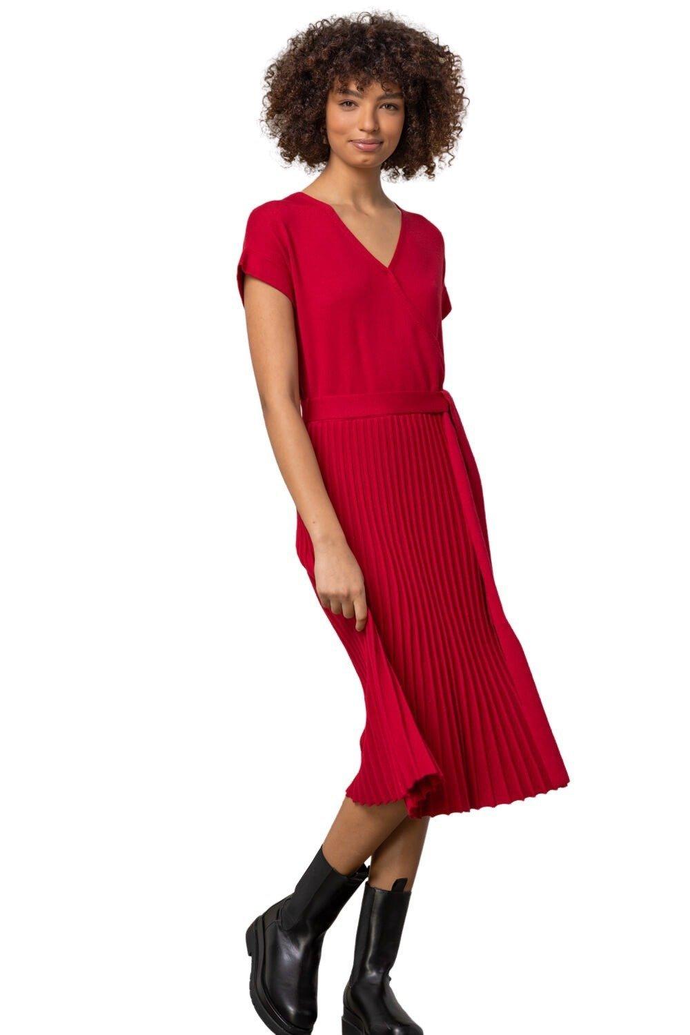 Belted Wrap Pleated Knit Dress