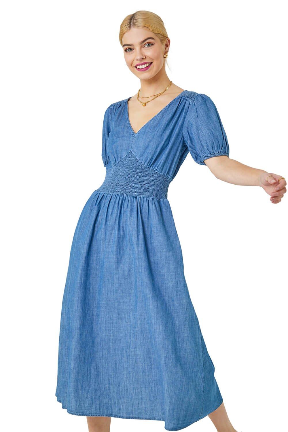 Shirred Waist Pocket Midi Dress