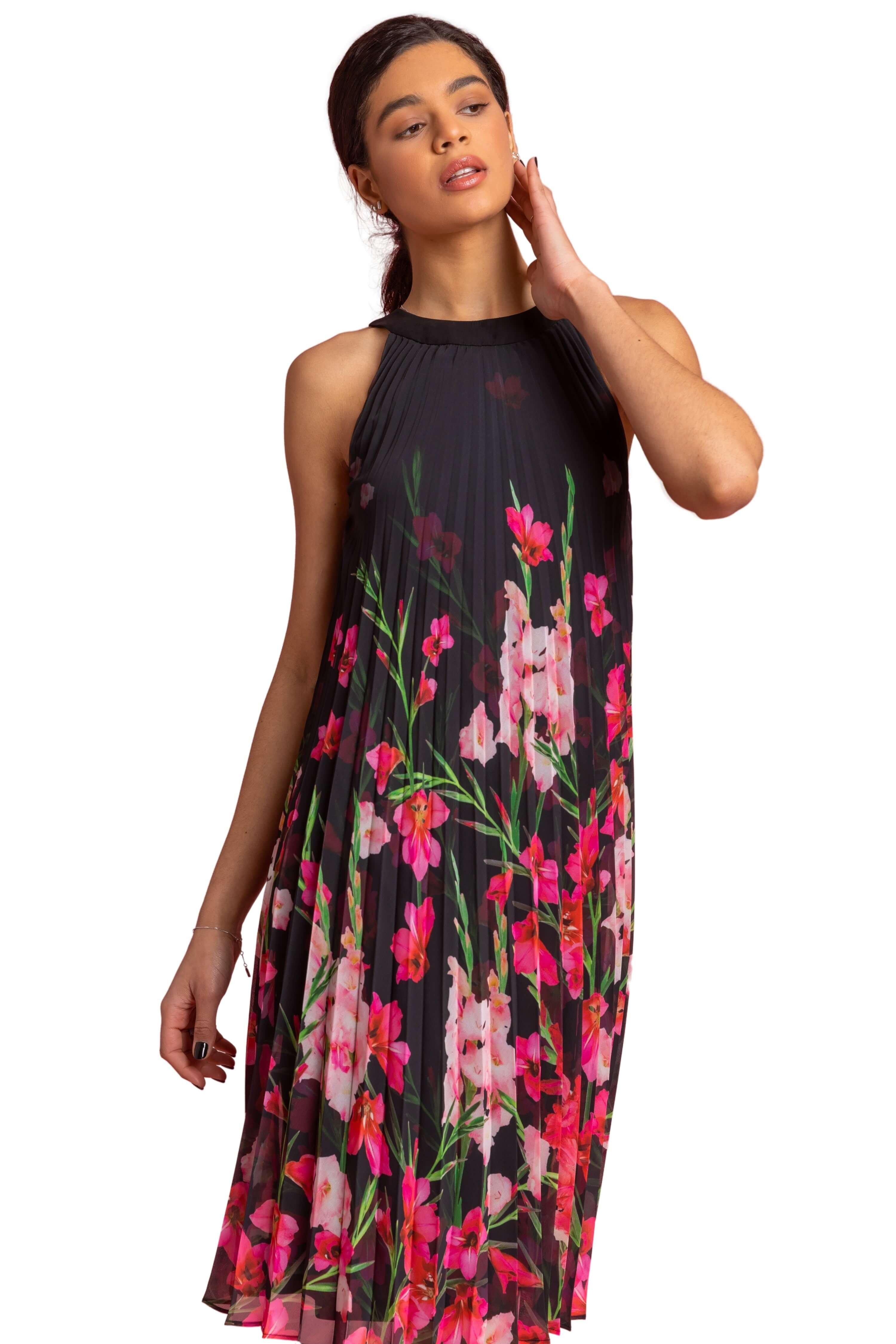 High Neck Floral Pleated Swing Dress