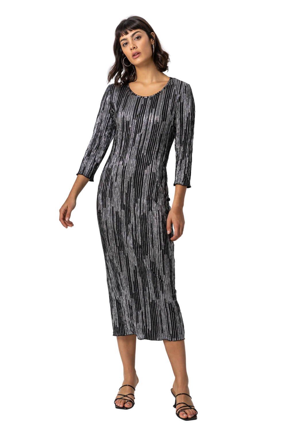 Foil Stripe Print Plisse Midi Dress