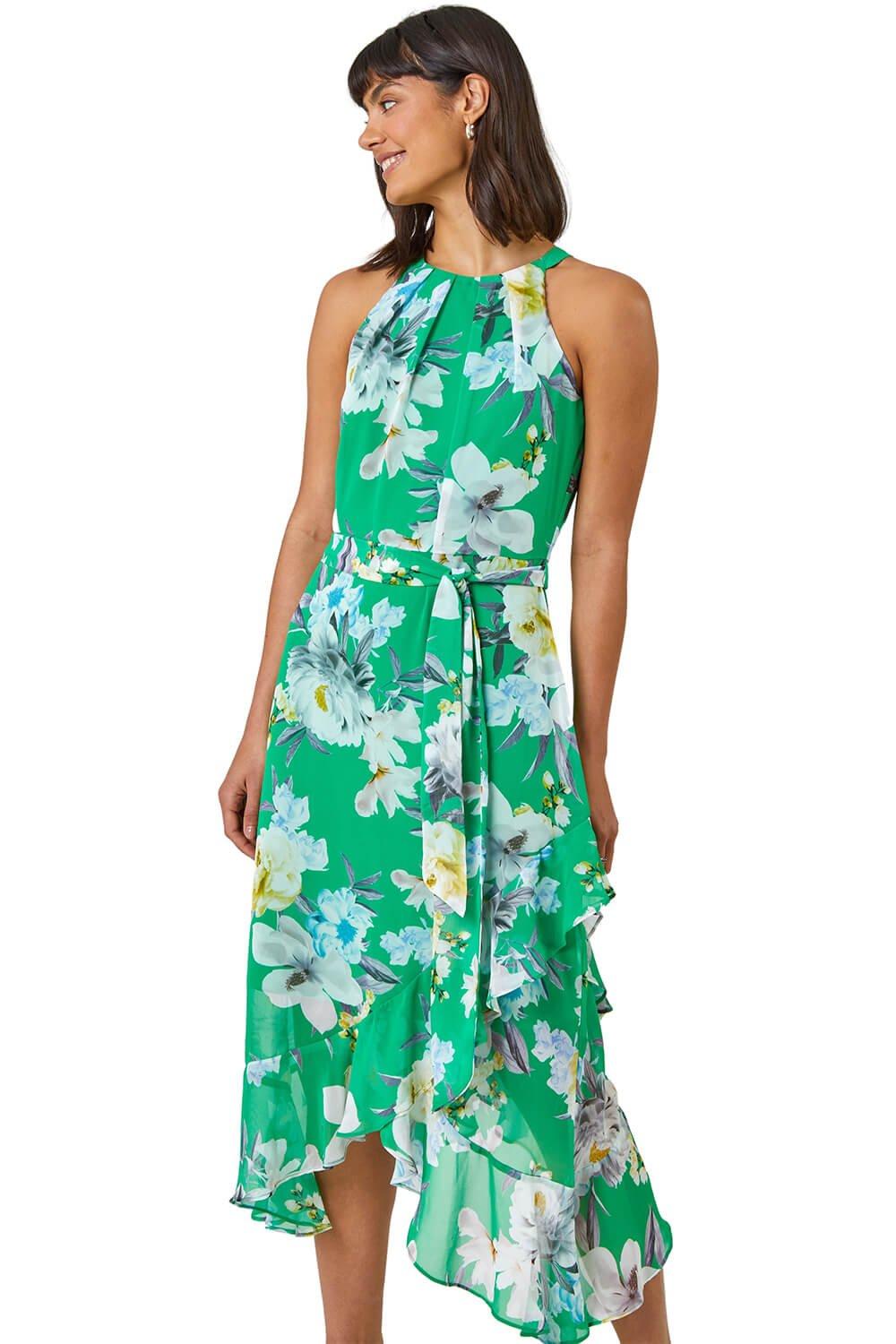 Floral Asymmetric Belted Midi Dress