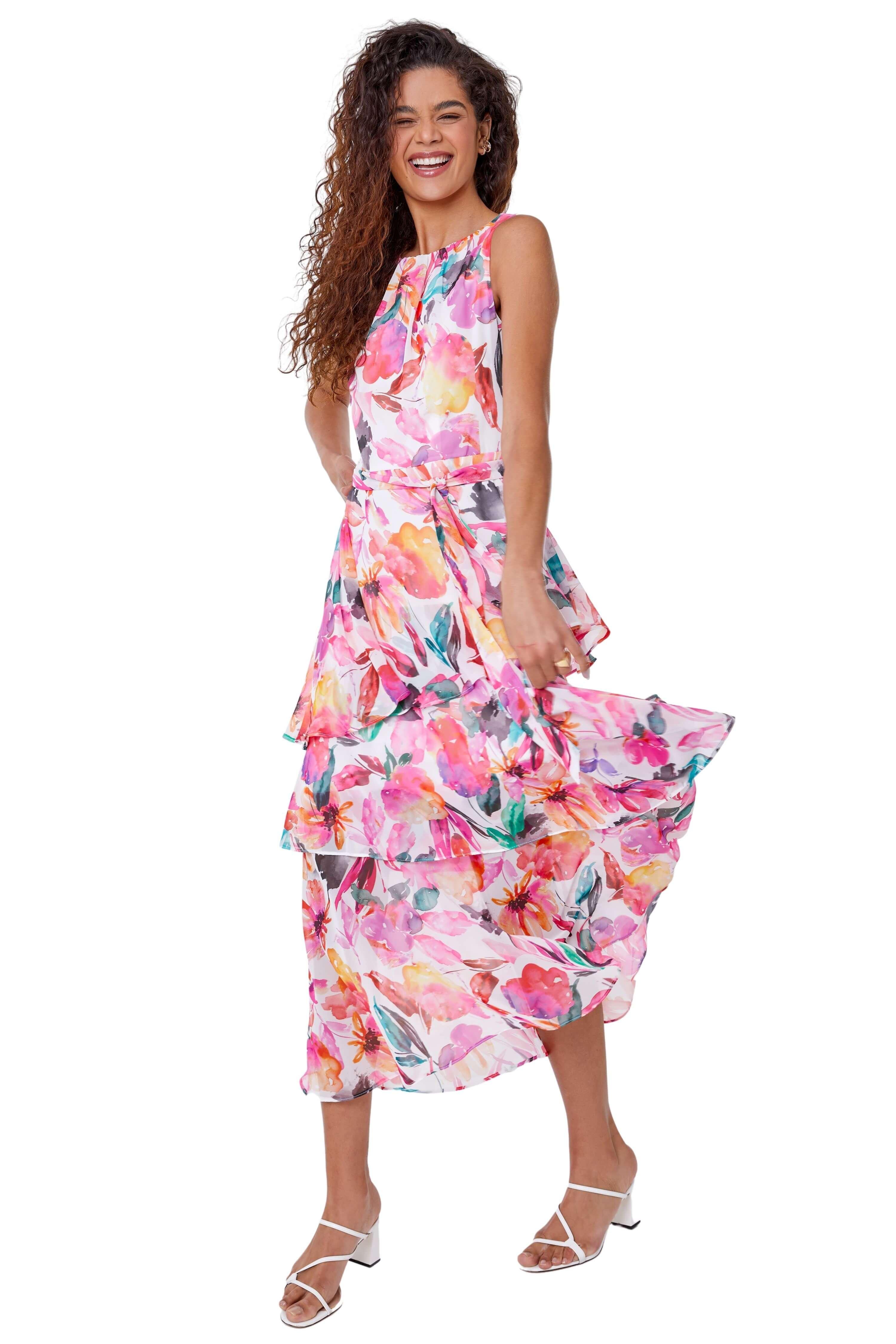 Floral Print Frill Midi Dress
