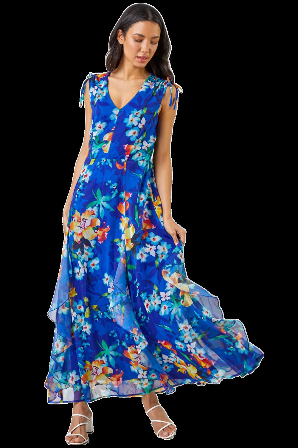 Floral Print Frill Detail Maxi Dress