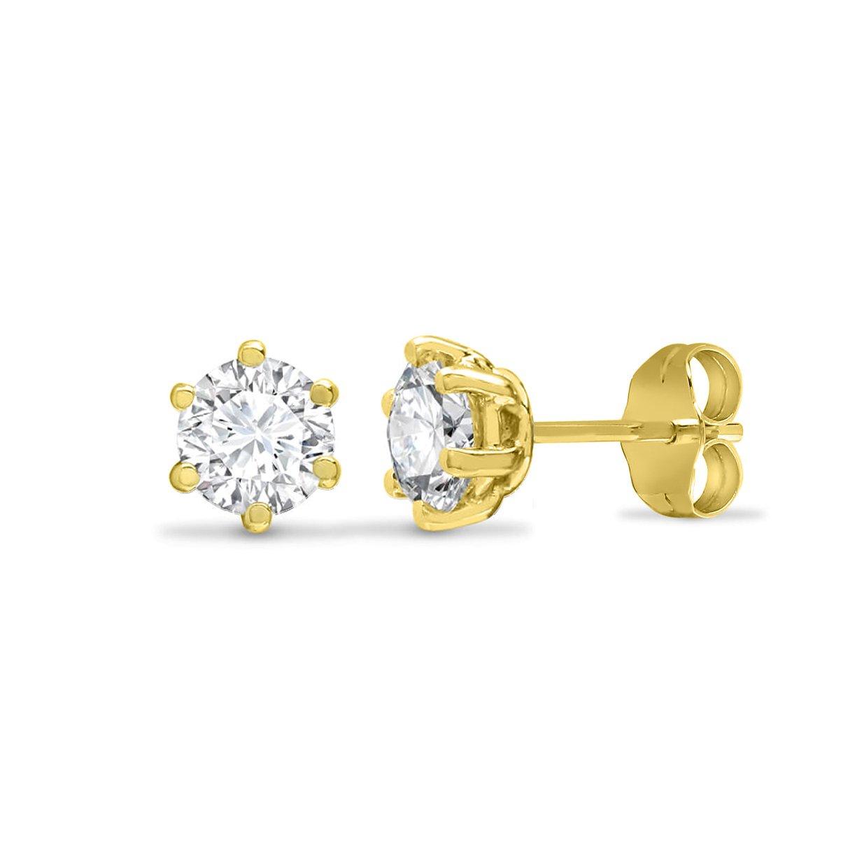 9ct Gold  CZ 6 Claw Solitaire Stud Earrings, 4mm - JES126